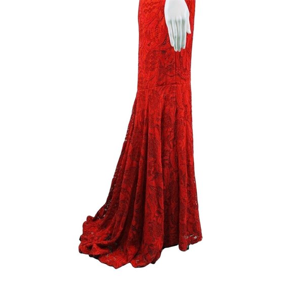 Dave & Johnny Formal Gown Women's Size 9/10 Red Lace Deep V Full Length Dress - Picture 7 of 11